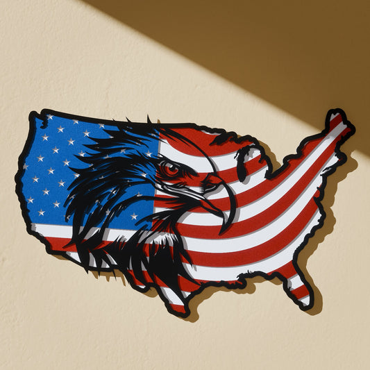 American Flag Eagle metal wall art, three layers of powder-coated steel, hanging on a wall