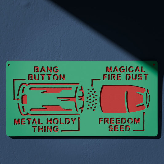 Freedom Seed sign: red cutout lettering and diagrams on a green steel plate